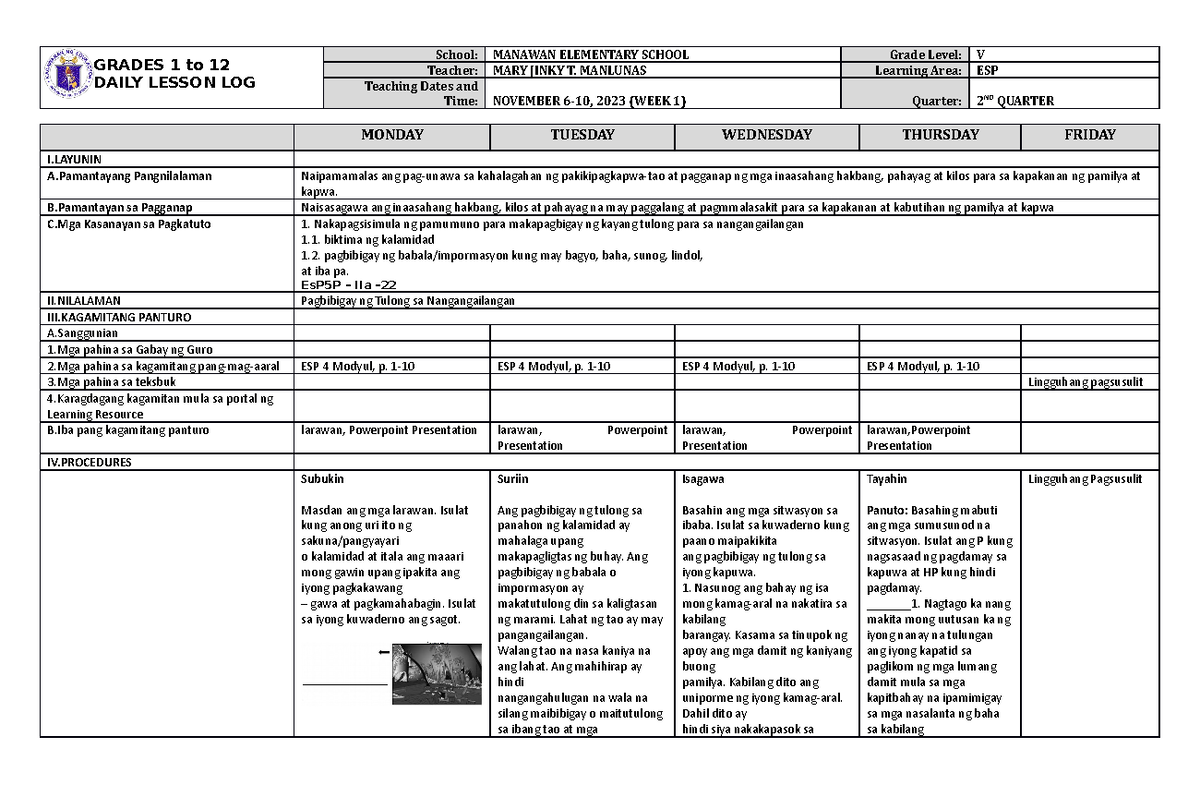 DLL ESP 5 Q2 W1 - none - GRADES 1 to 12 DAILY LESSON LOG School ...