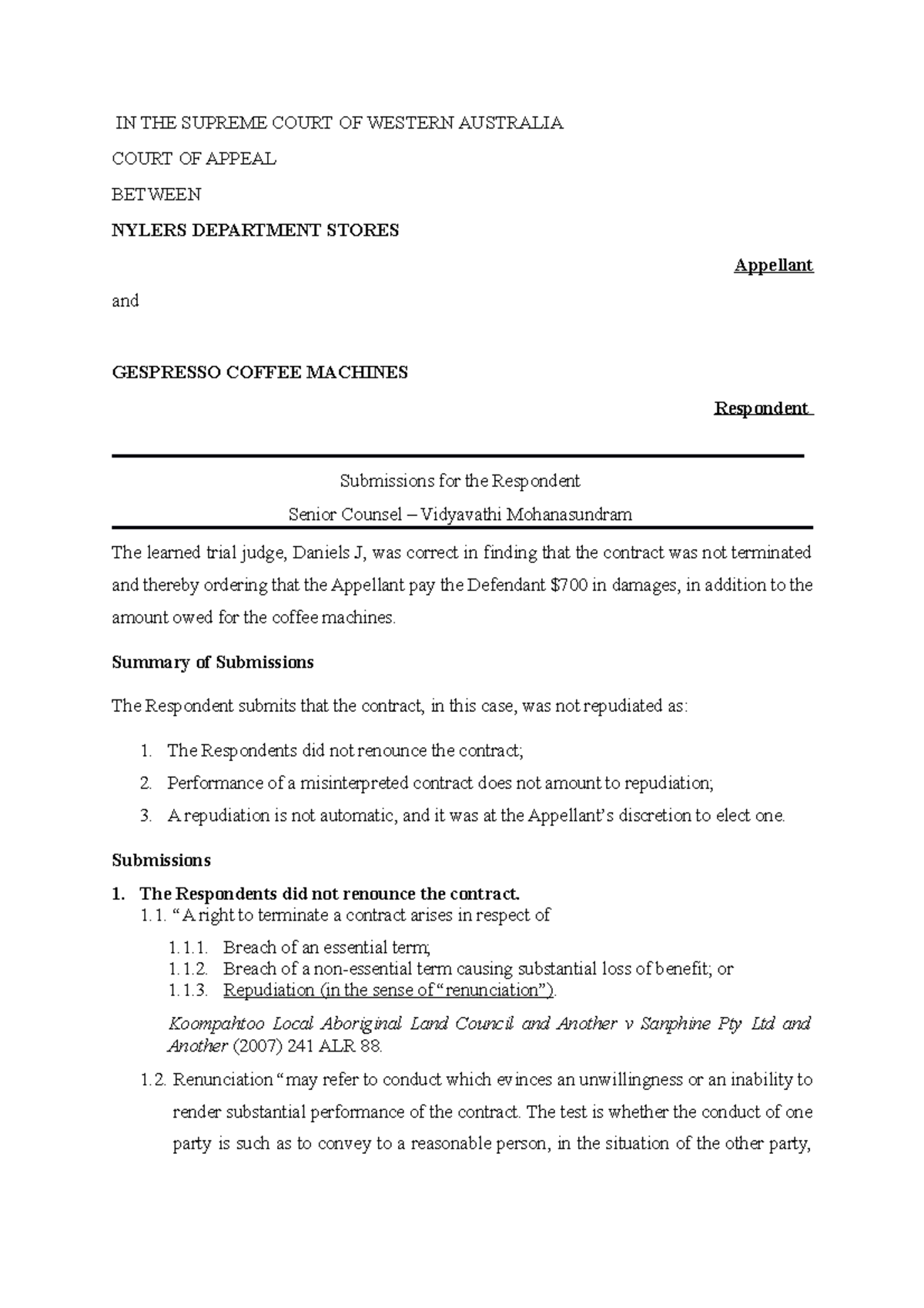 Senior Respondent Subs IN THE SUPREME