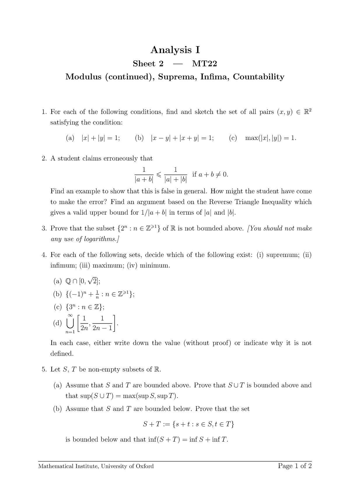 Analysis I Sheet 2 - Modulus (continued), Suprema, Infima, Countability ...