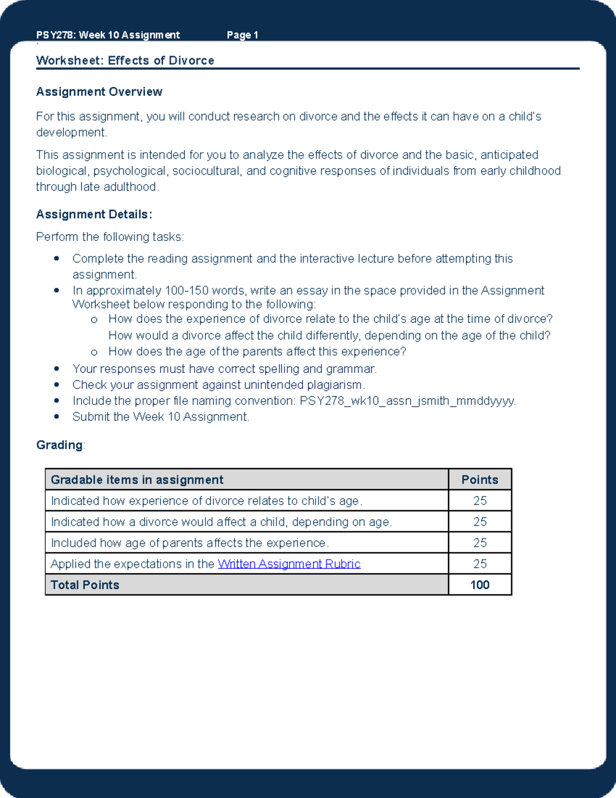 PSY278 Wk10 Assn Fdoreen 09182022 Edited - PSY278: Week 10 Assignment ...