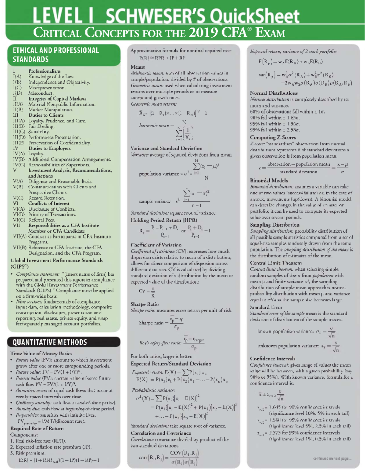 2019 CFAL1Quicksheet CFA Level 1 Formula Sheet Critical Concept 