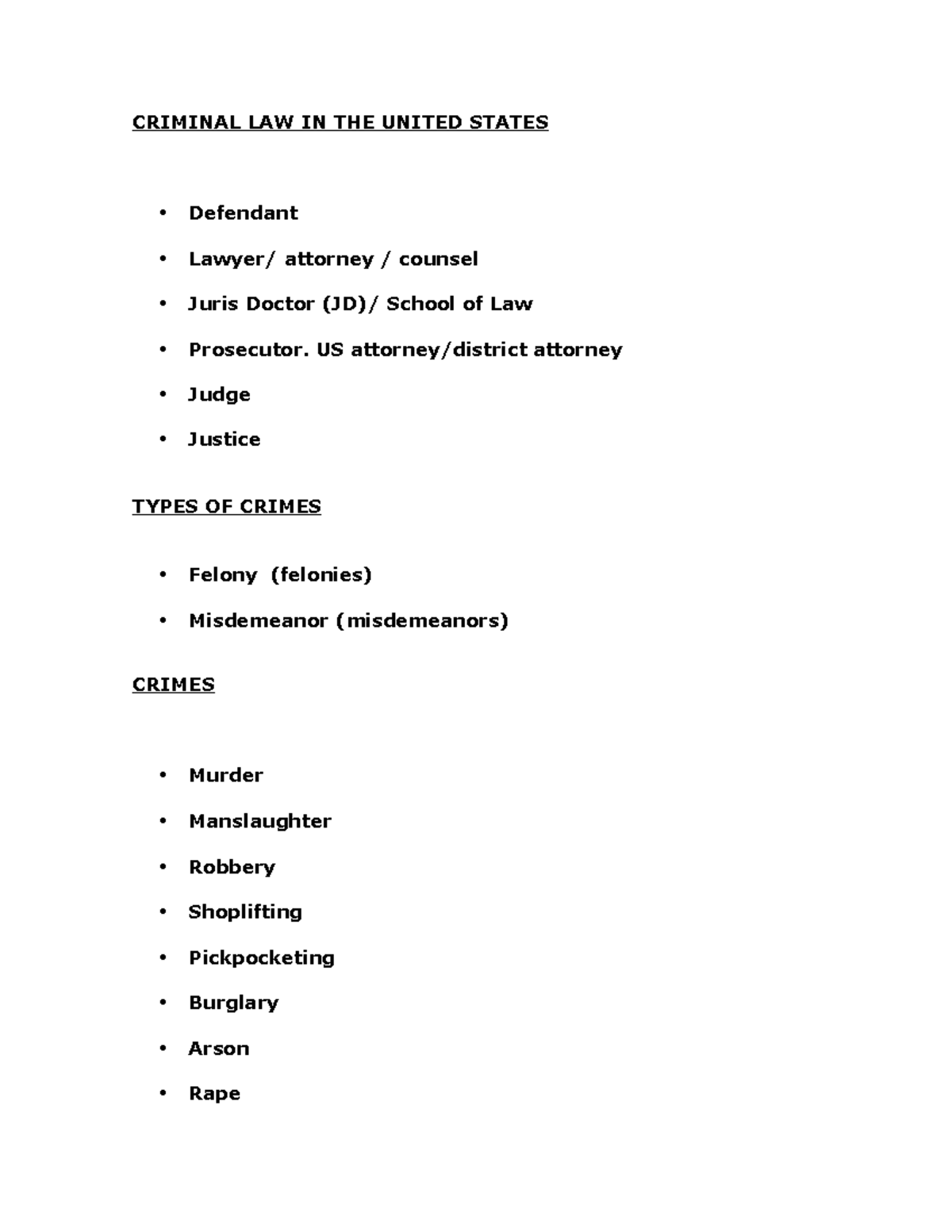 Vocabulary - Criminal law - CRIMINAL LAW IN THE UNITED STATES Defendant ...