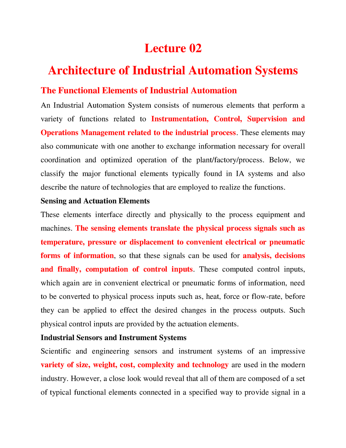 Lecture 02 Architecture Of Industrial Automation Systems - These ...