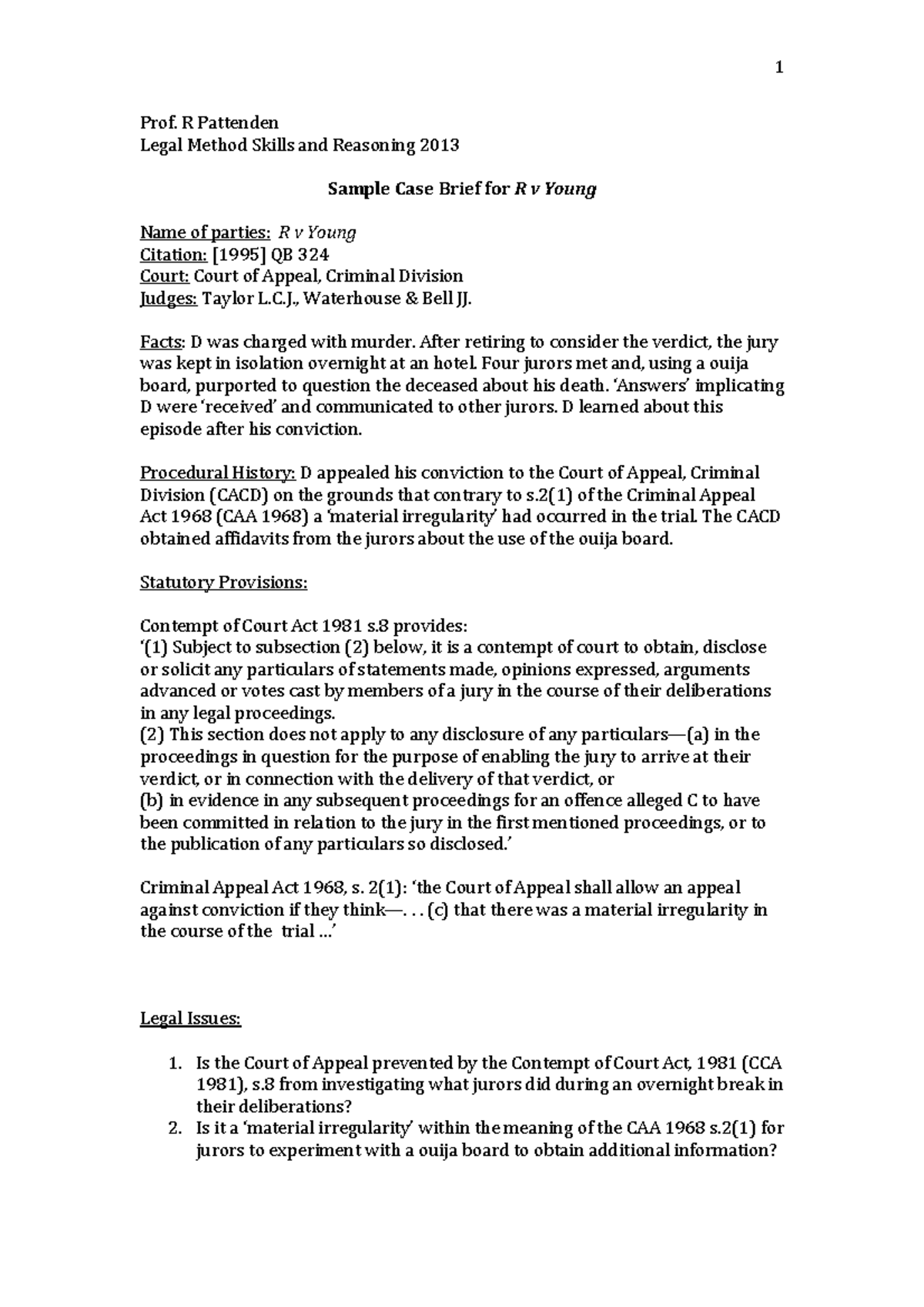 R v Young summary 1 Prof. R Pattenden Legal Method Skills and Reasoning Sample Case Studocu
