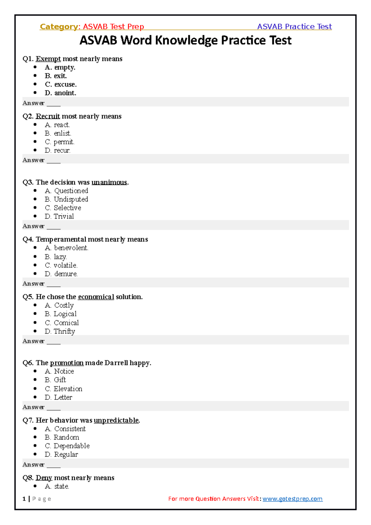 Asvab Word Knowledge Practice Test ASVAB Word Knowledge Practice Test