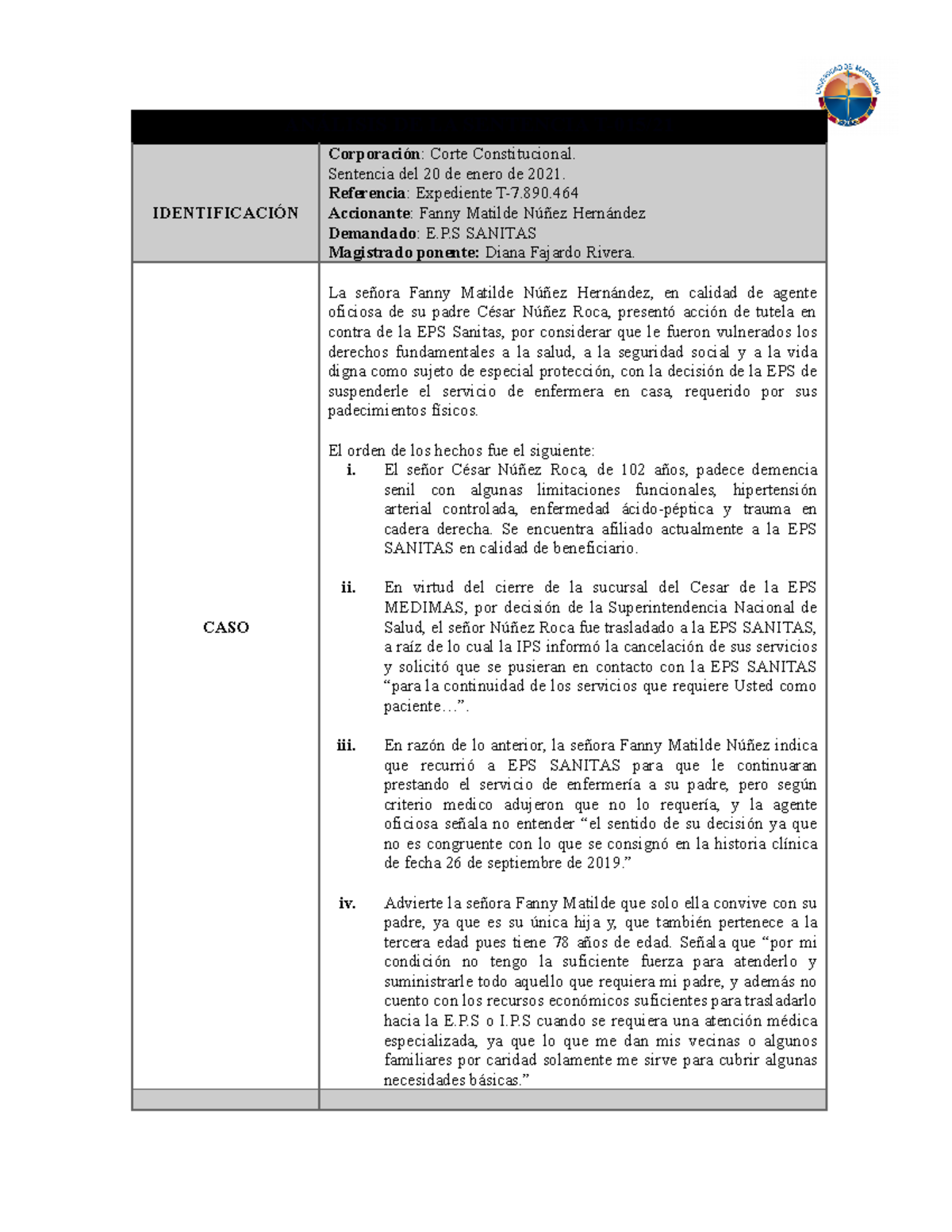Segundo Análisis DE LA Sentencia - ANÁLISIS DE LA SENTENCIA T-015