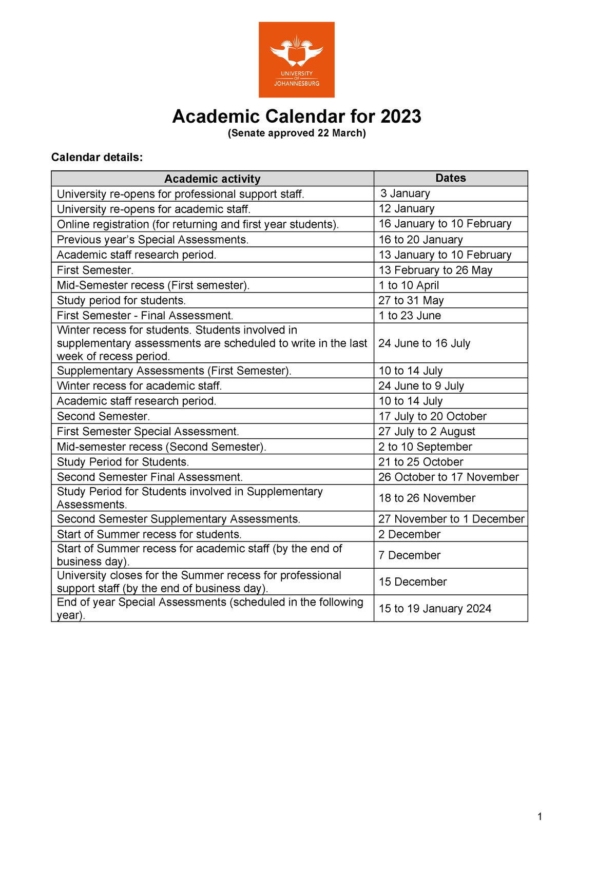 Academiccalendarfor2023 UJ 1 Academic Calendar for 2023 (Senate