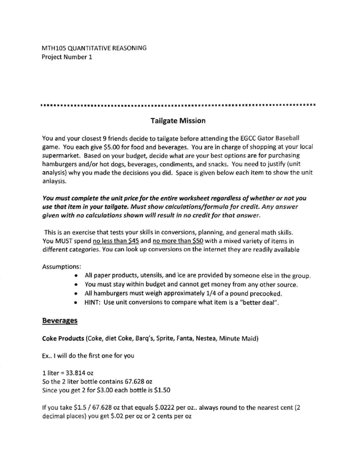 MTH 105 Project 1 - MTH105 QUANTITATIVE REASONING Project Number 1 ...