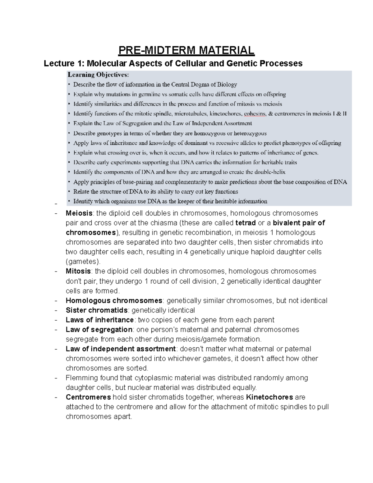 BIOB11 Exam notes - PRE-MIDTERM MATERIAL Lecture 1: Molecular Aspects ...