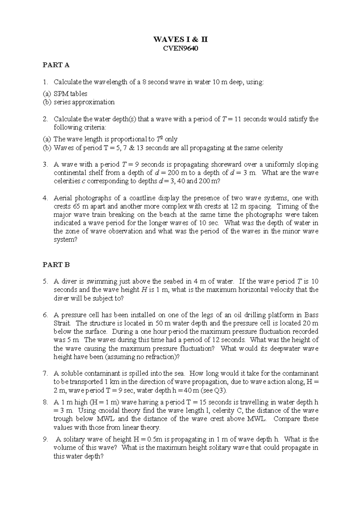 Revision Questions - Wave Theory-2 - WAVES I & II CVEN PART A Calculate ...