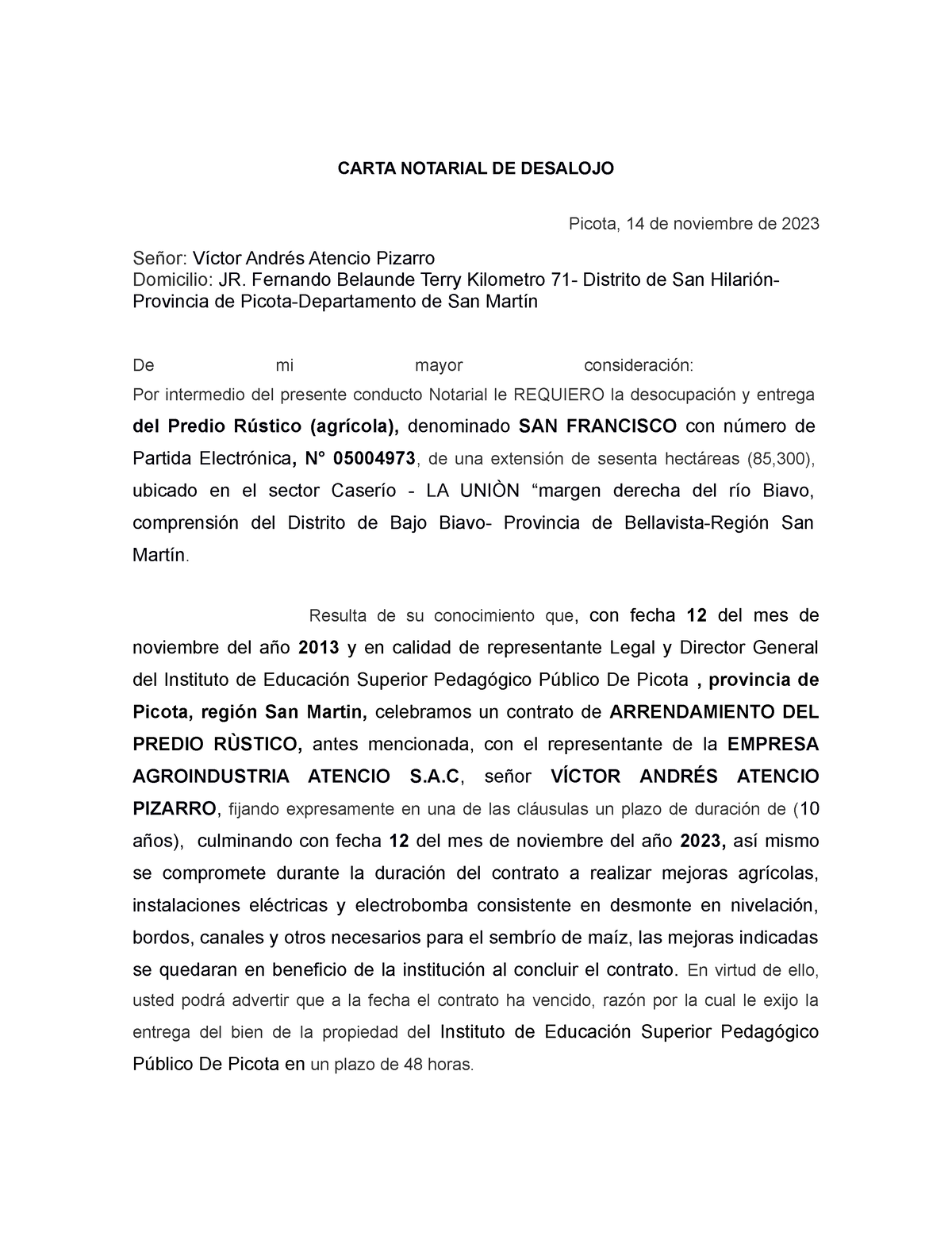 Carta Notarial Carta Notarial De Desalojo Picota 14 De Noviembre De