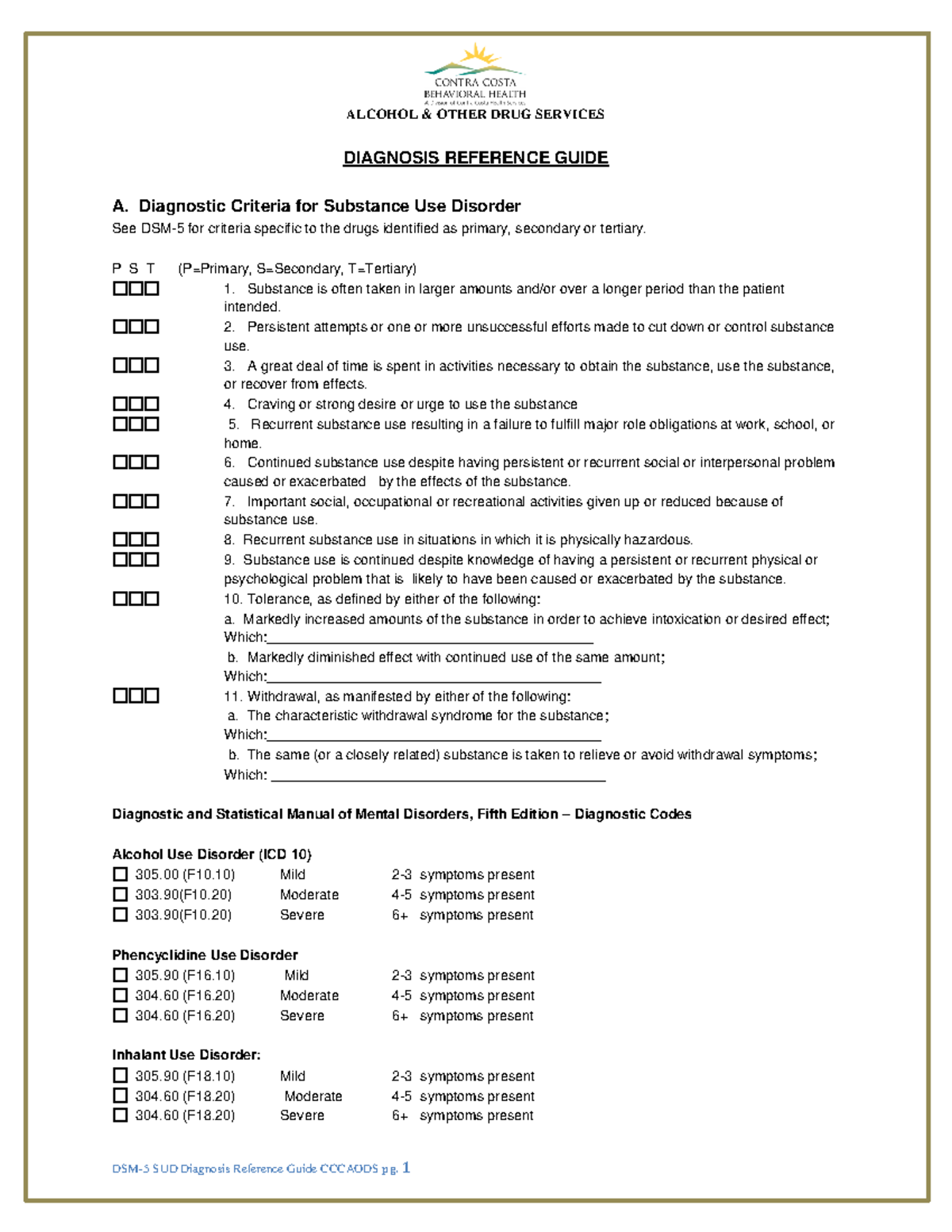 DSM-5 Diagnosis Reference Guide - ALCOHOL & OTHER DRUG SERVICES DSM-5 ...