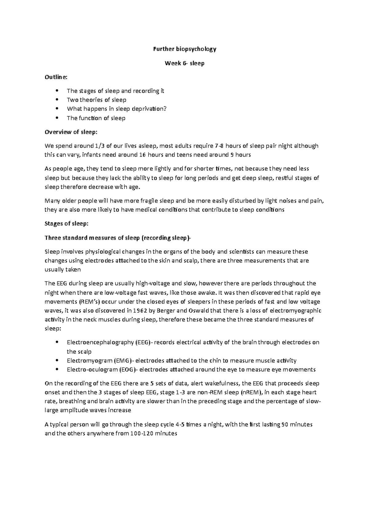 Sleep notes - Further biopsychology Week 6- sleep Outline: The stages ...