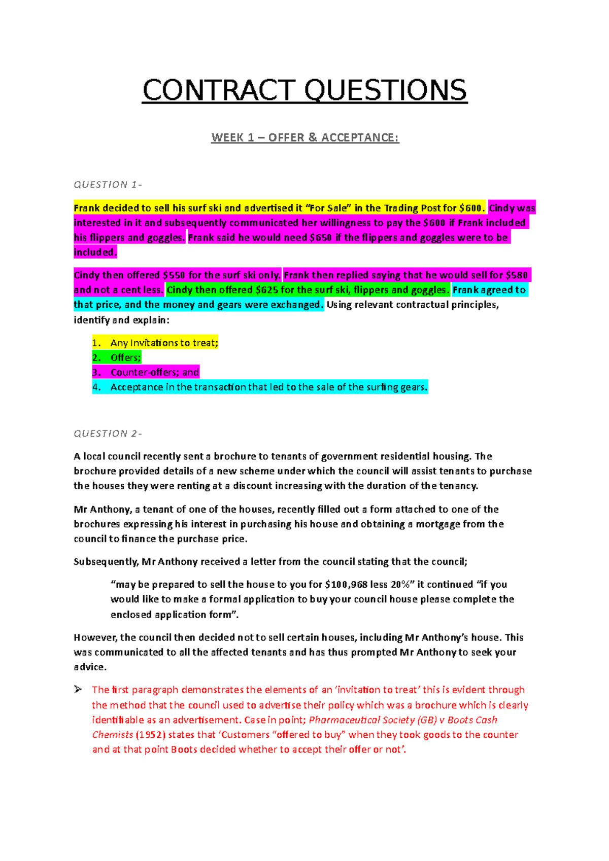 Contract Questions 1 - CONTRACT QUESTIONS WEEK 1 – OFFER & ACCEPTANCE ...