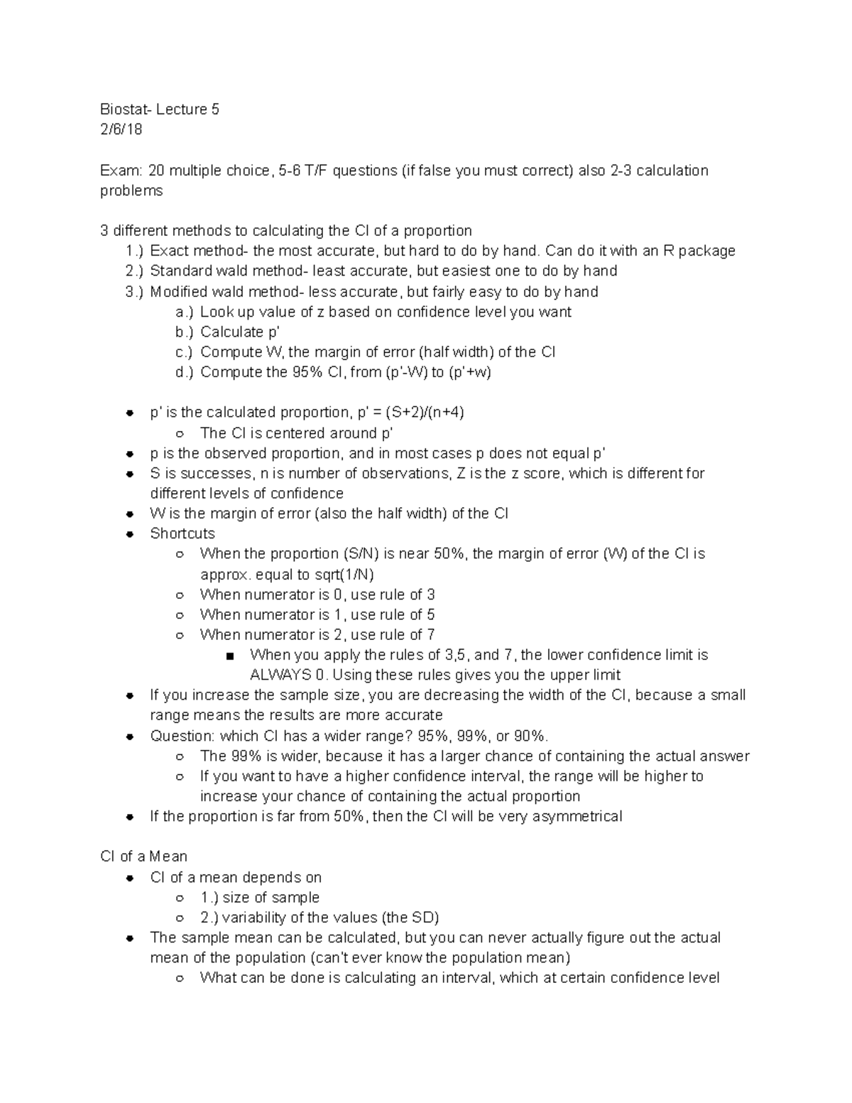 Biostat- Lecture 5 - Lecture 5 Exam: 20 Multiple Choice, Questions (if ...