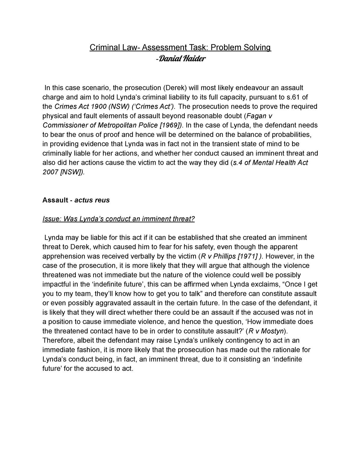 criminal law problem essay