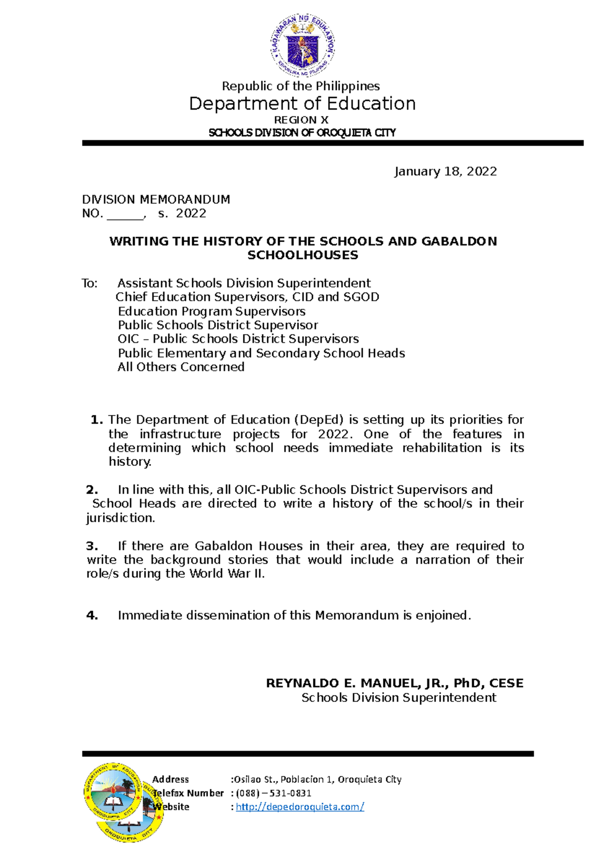 Memo on school history - To help in making modules - Republic of the ...