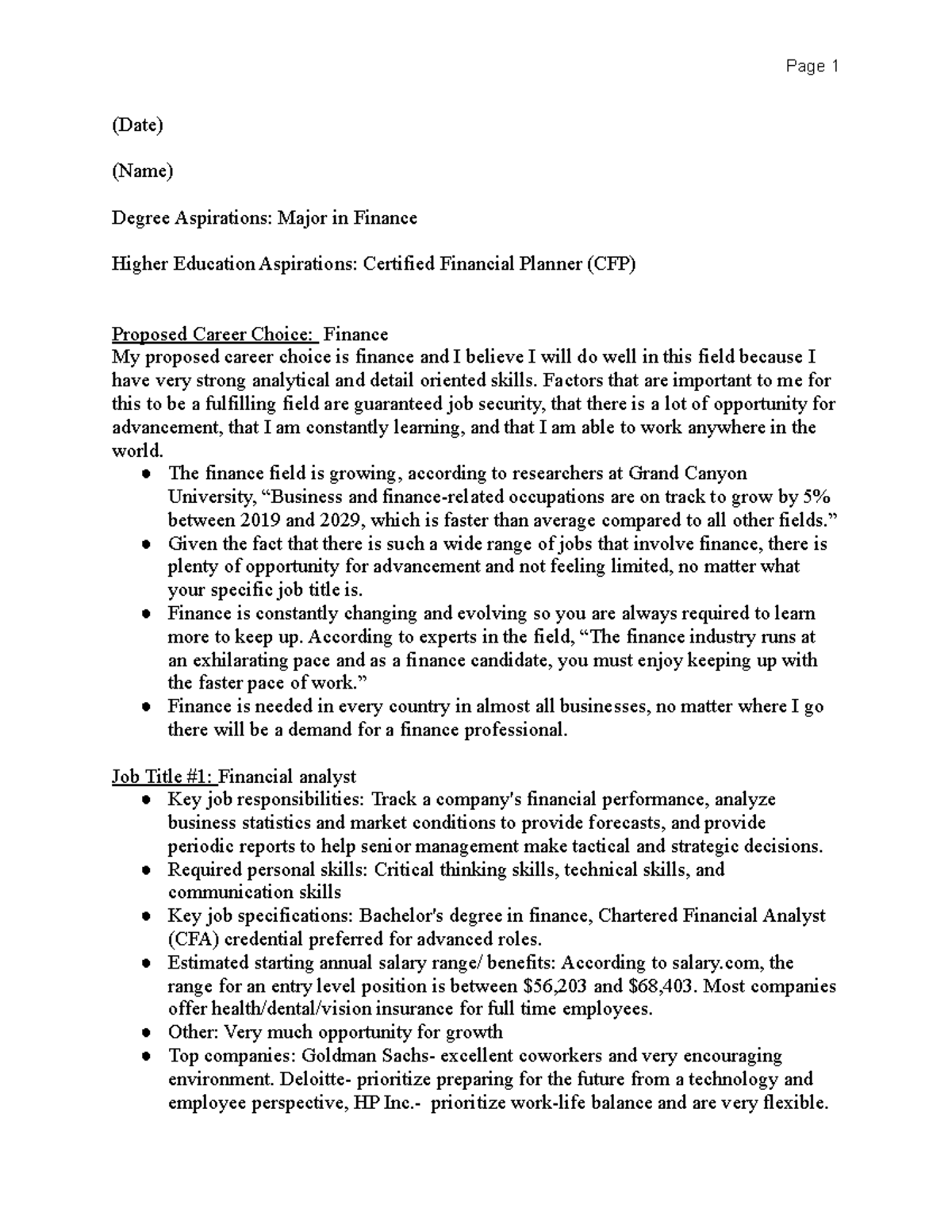 Career Report Sample - Page 1 (Date) (Name) Degree Aspirations: Major ...