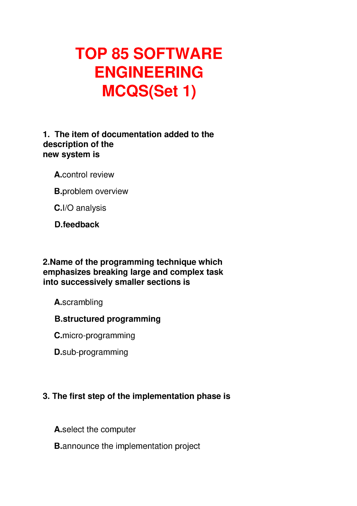 TOP Software Engineering MCQS - TOP 85 SOFTWARE ENGINEERING MCQS(Set 1 ...