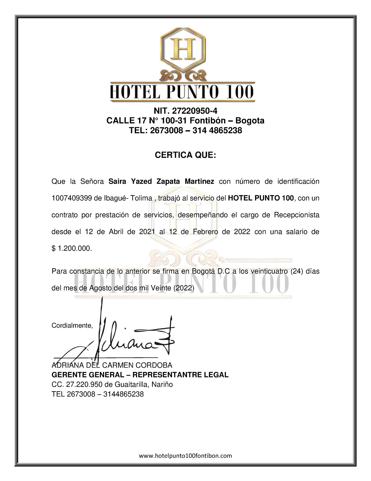 Certificado Laboral Hotel Saira Yazed Zapata Martinez