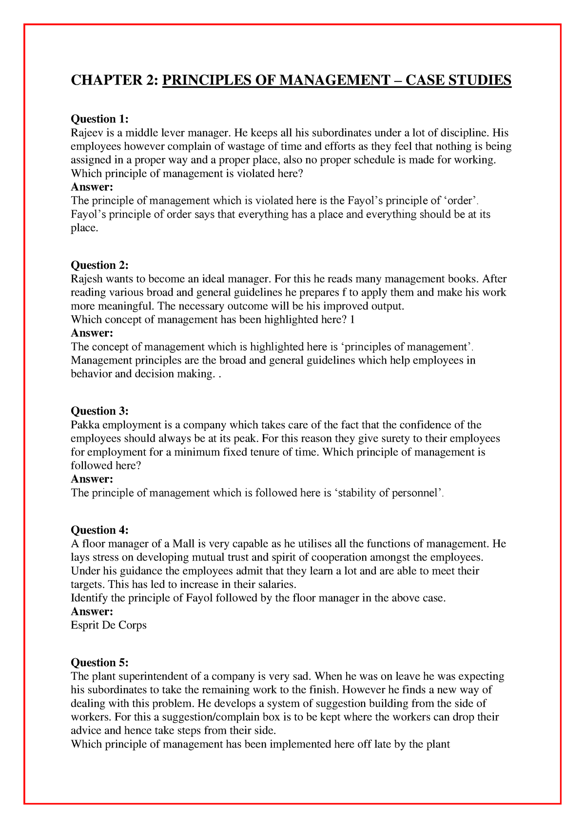 case study on principles of management with answers