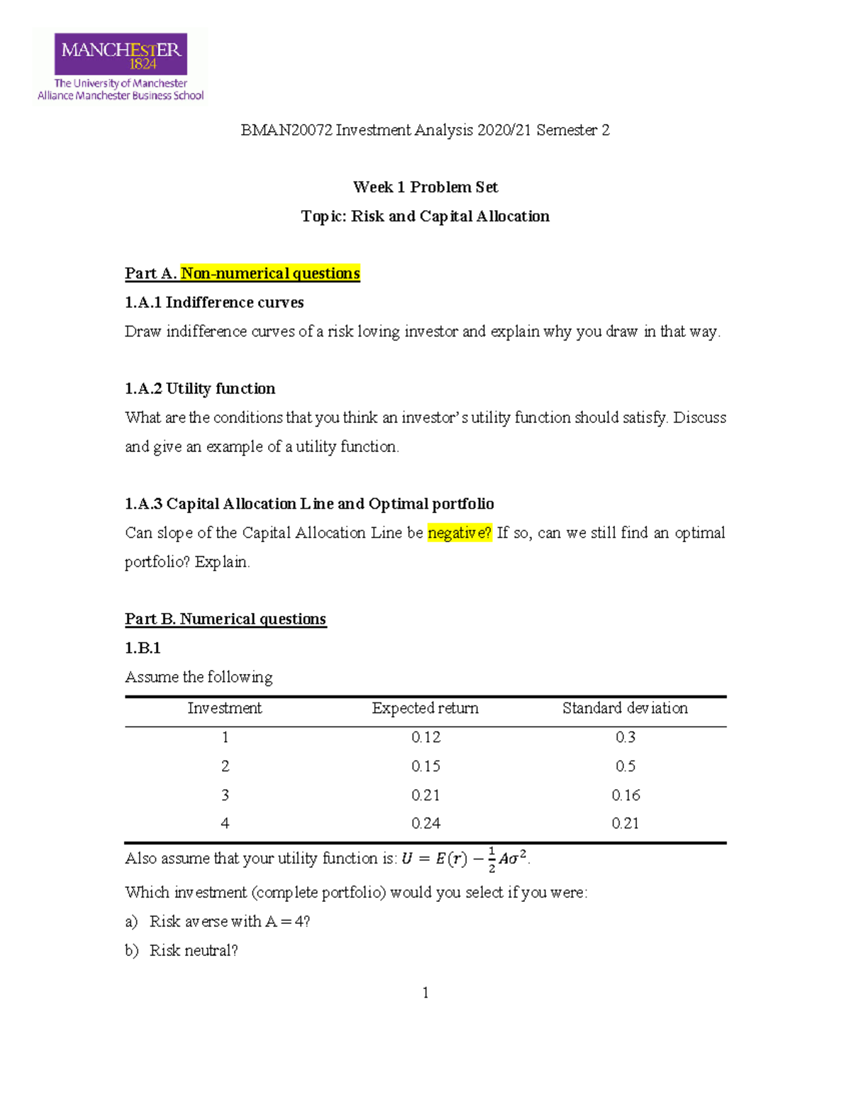 Problem Set1 - 1 BMAN20072 Investment Analysis 2020/21 Semester 2 Week ...