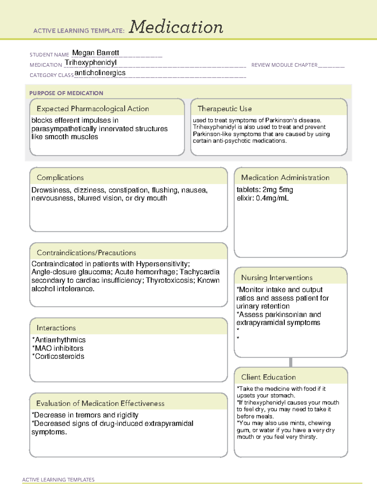 Trihexyphenidyl - ACTIVE LEARNING TEMPLATES Medication STUDENT NAME ...