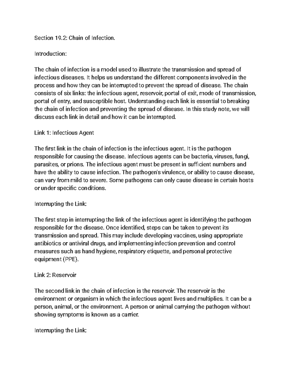 Section 19.2 Chain of Infection Section 19 Chain of Infection