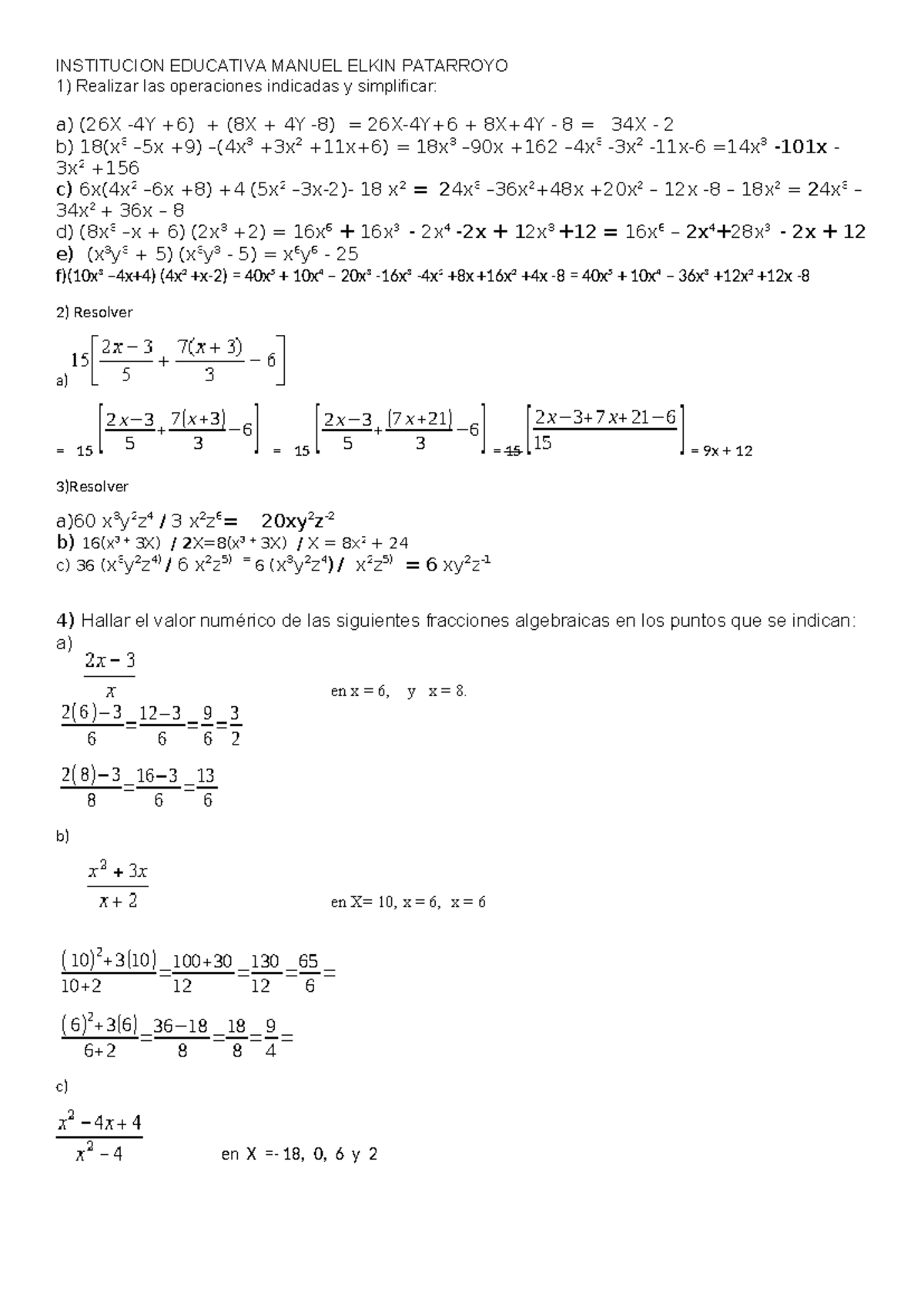 Trabajo Yiseth - Ejercicios con solución de expresiones algebraicas ...
