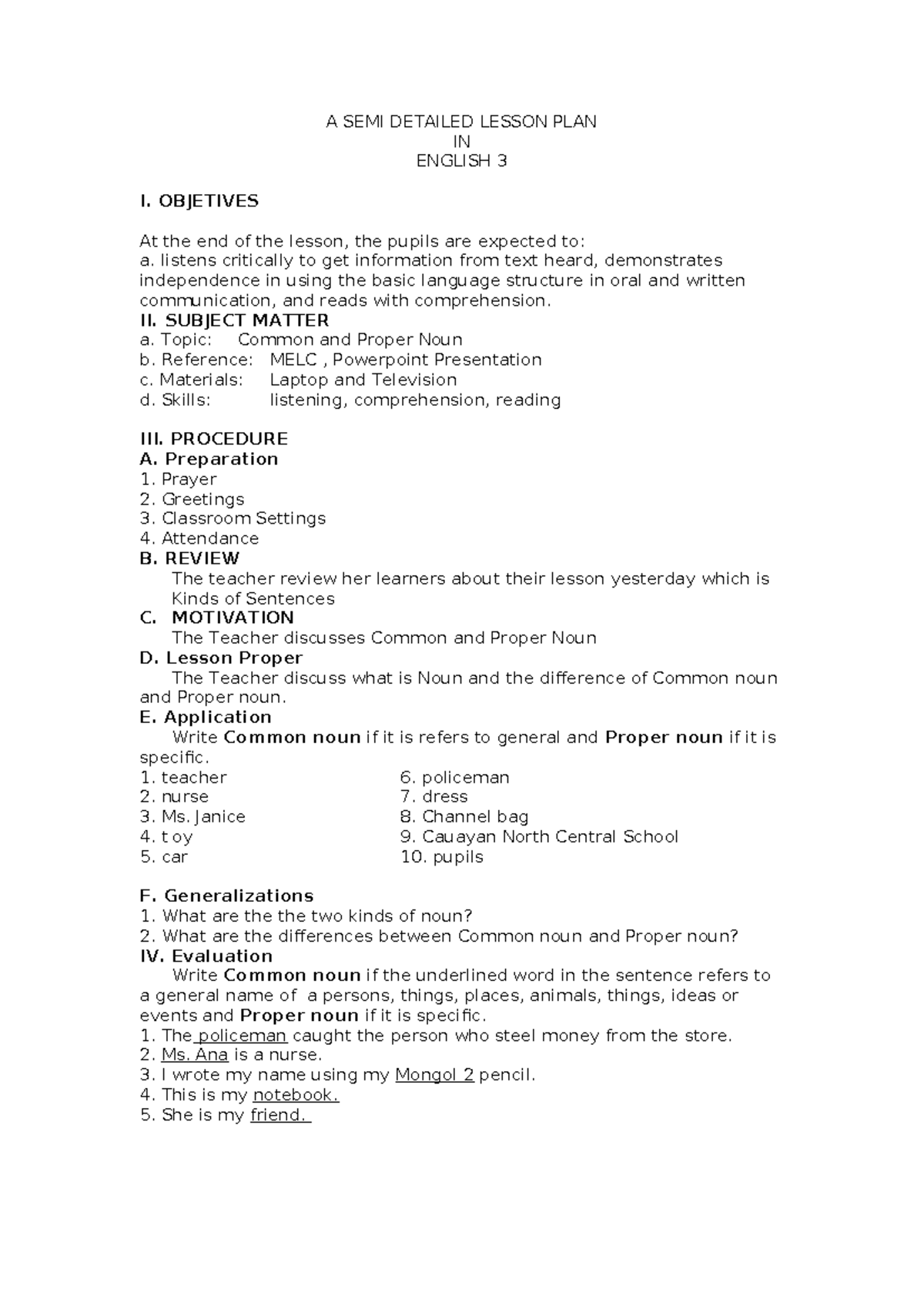 English - simple program - A SEMI DETAILED LESSON PLAN IN ENGLISH 3 I ...