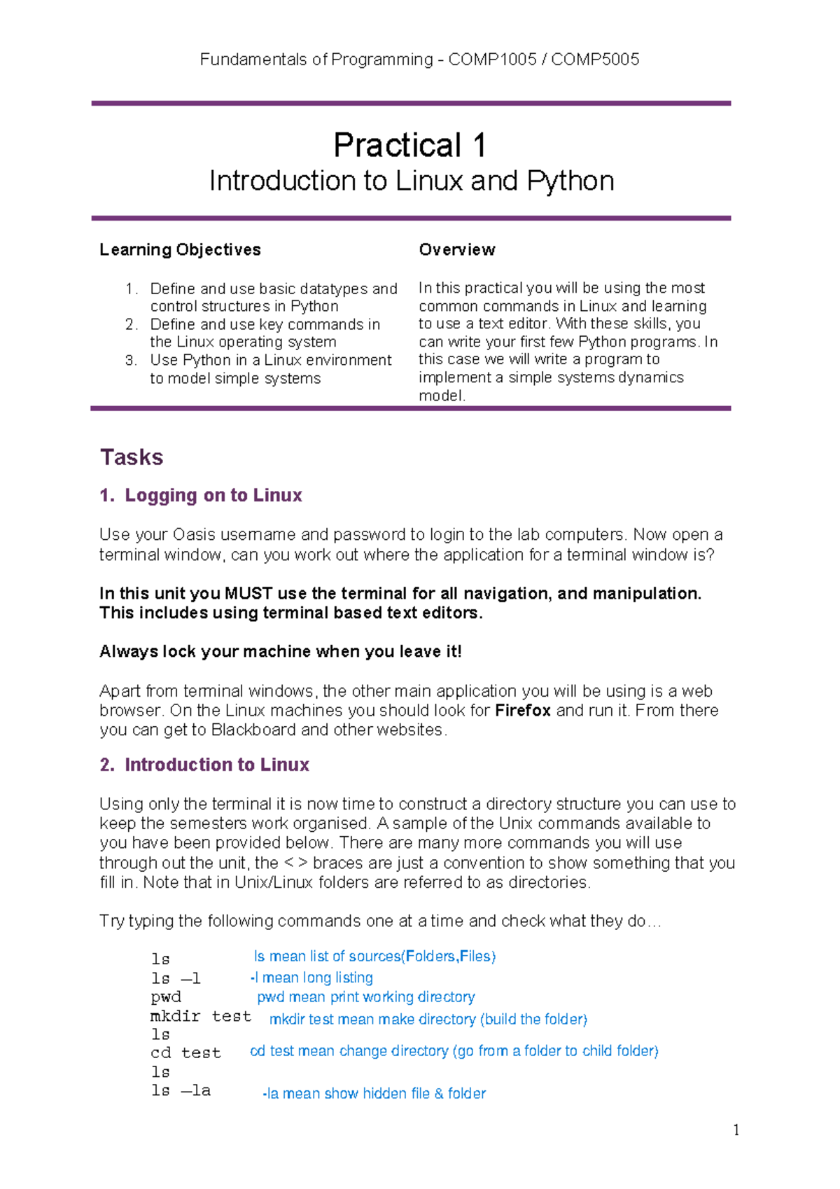Practical 1 - Lectures notes - Practical 1 Introduction to Linux and ...