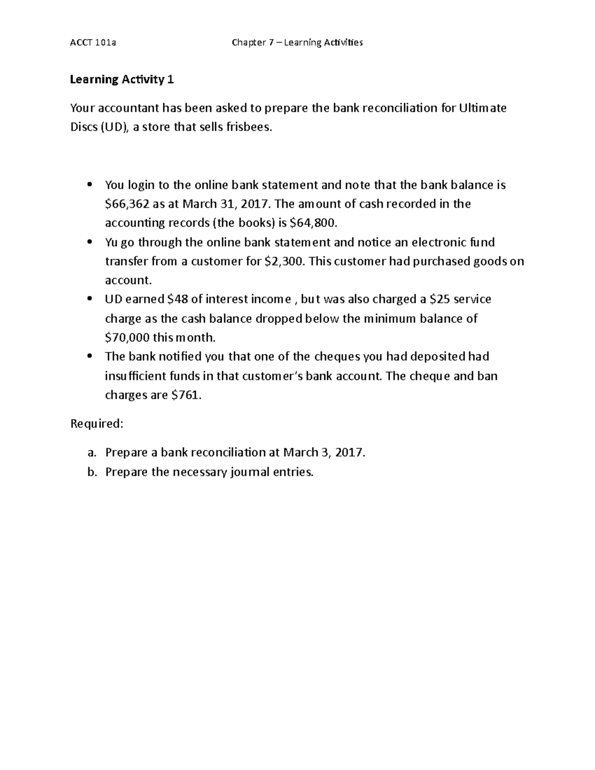 Chapter 7 - Bank Reconciliation - Learning Activities - ACCT 101a ...