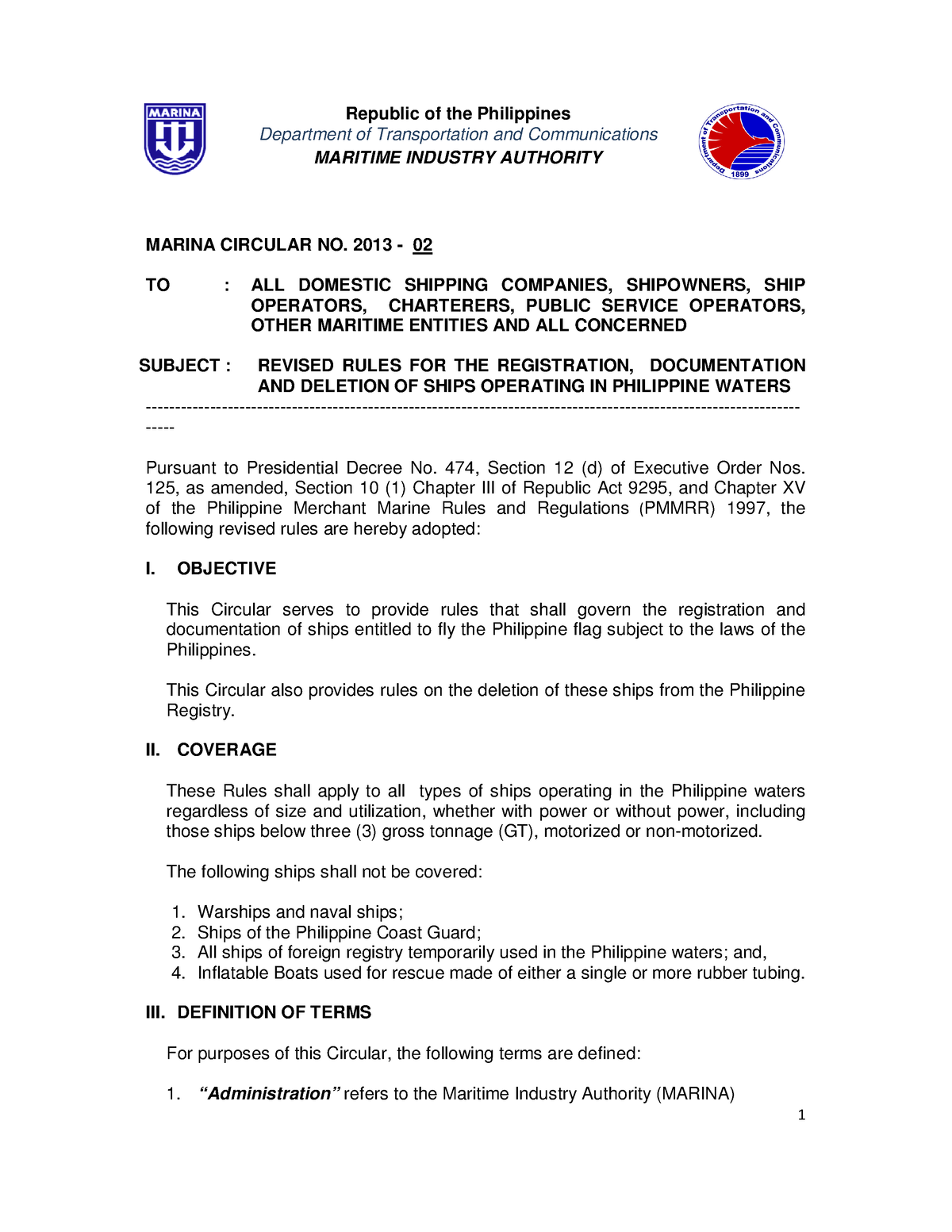 Marina Memorandum Circular No. 2013-02 - Republic of the Philippines ...