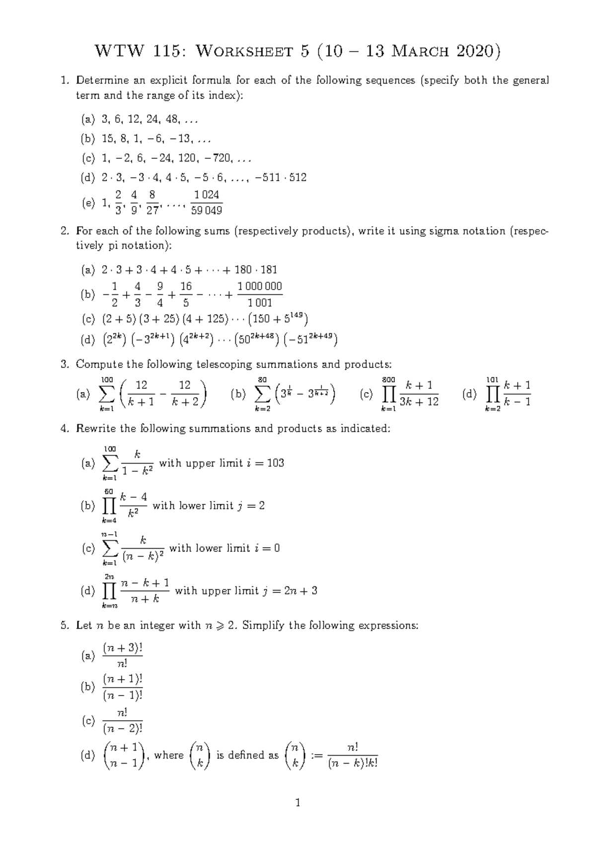 WTW 115 Worksheet 5 (2020) - WTW 115: Worksheet 5 (10 – 13 March 2020 ...