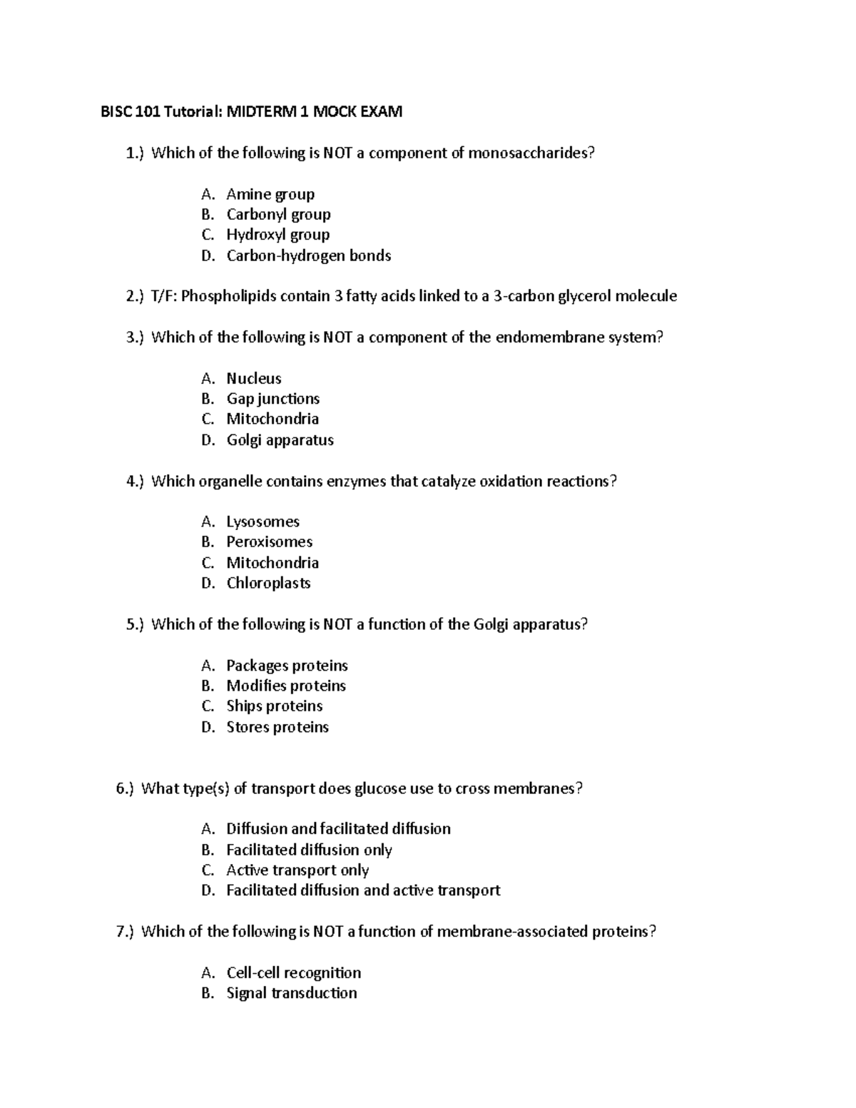 BISC 101 Midterm Review - BISC 101 Tutorial: MIDTERM 1 MOCK EXAM 1 ...