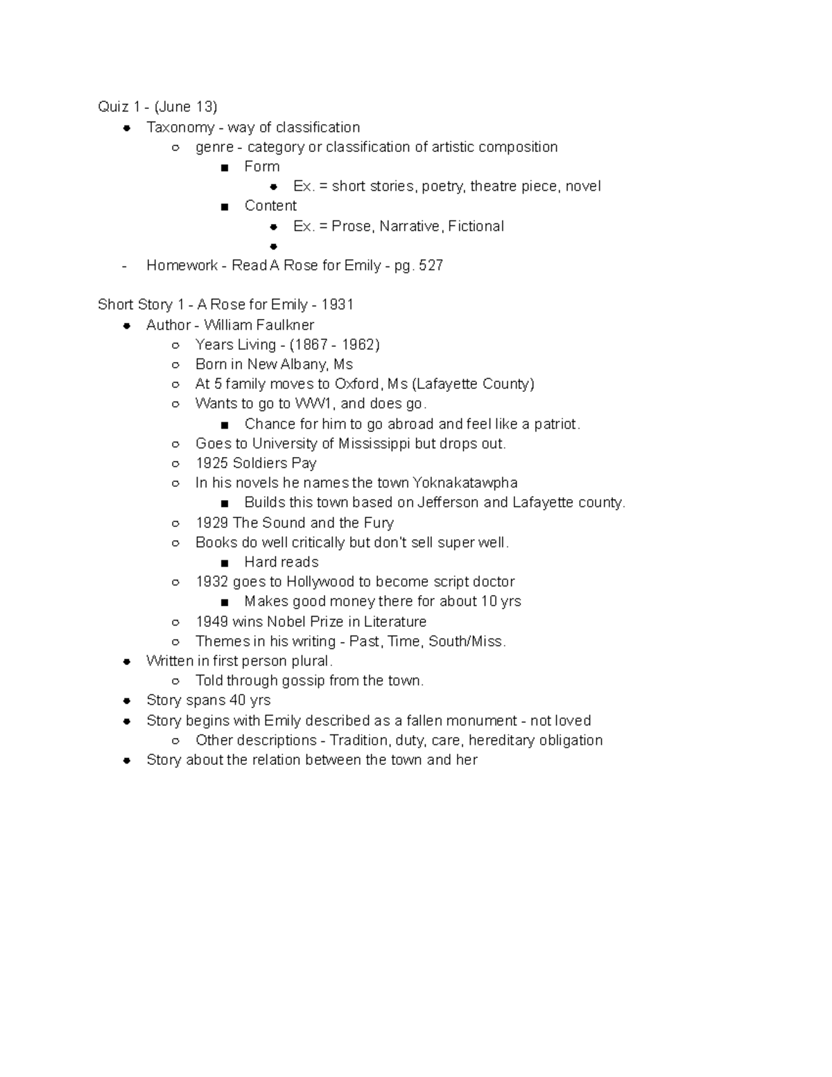 English 2 Inclass lecture notes on the short story "A Rose for Emily