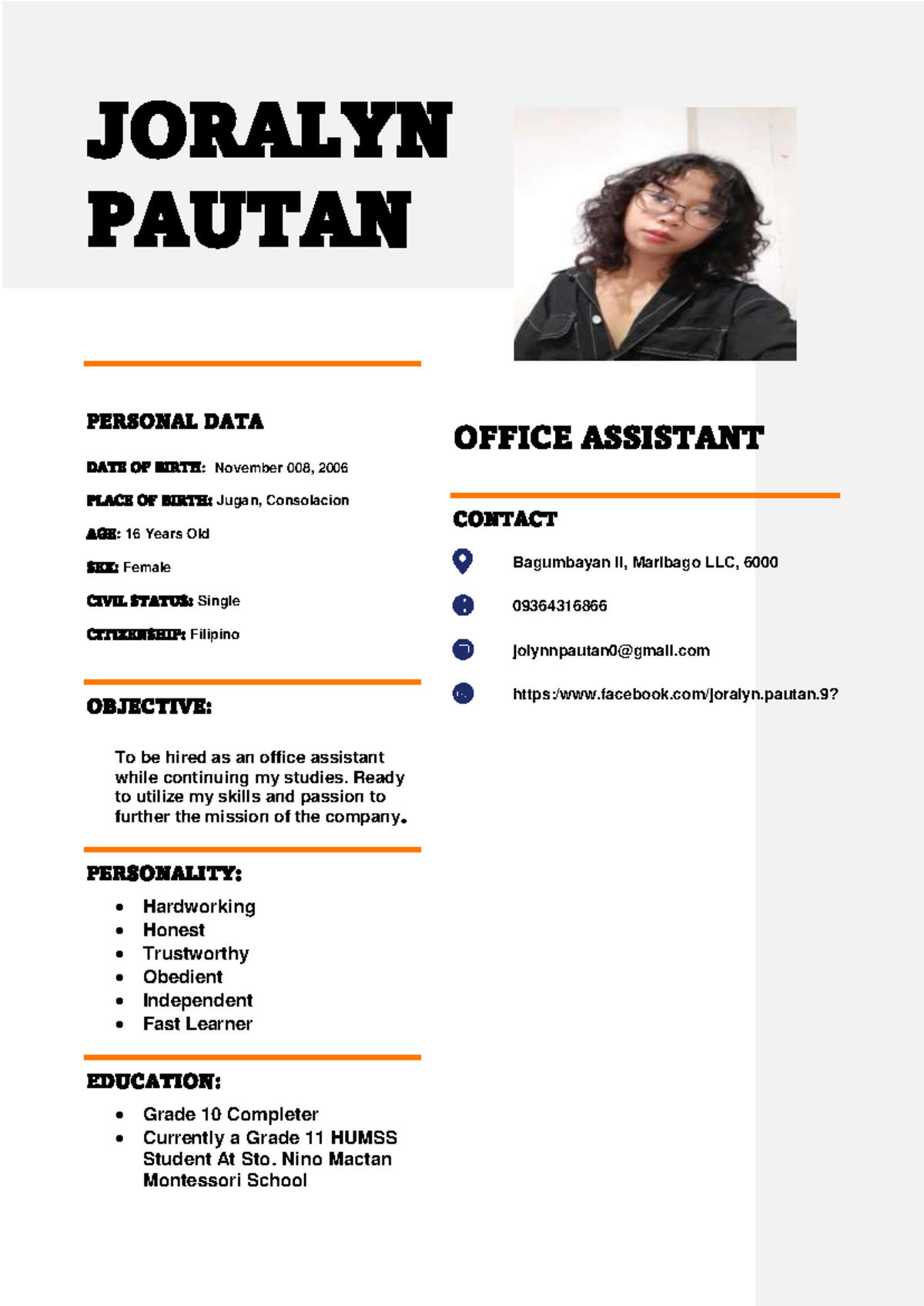 Emtech Resume 2 - JORALYN PAUTAN PERSONAL DATA DATE OF BIRTH: November ...