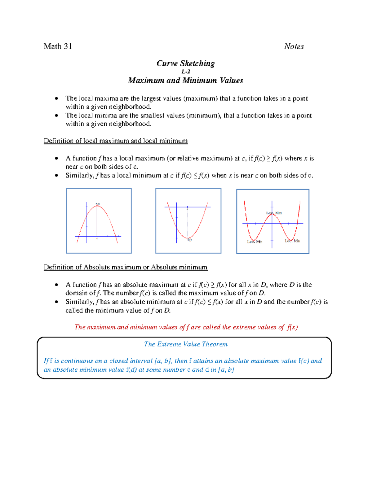 2-Maximum and minimum values - Math 31 Notes Curve Sketching L- Maximum ...