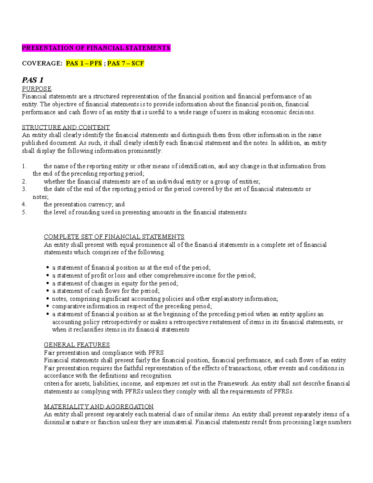 Philippine Accounting Standard 1 AND 7 (CFAS Notes) - PRESENTATION OF ...