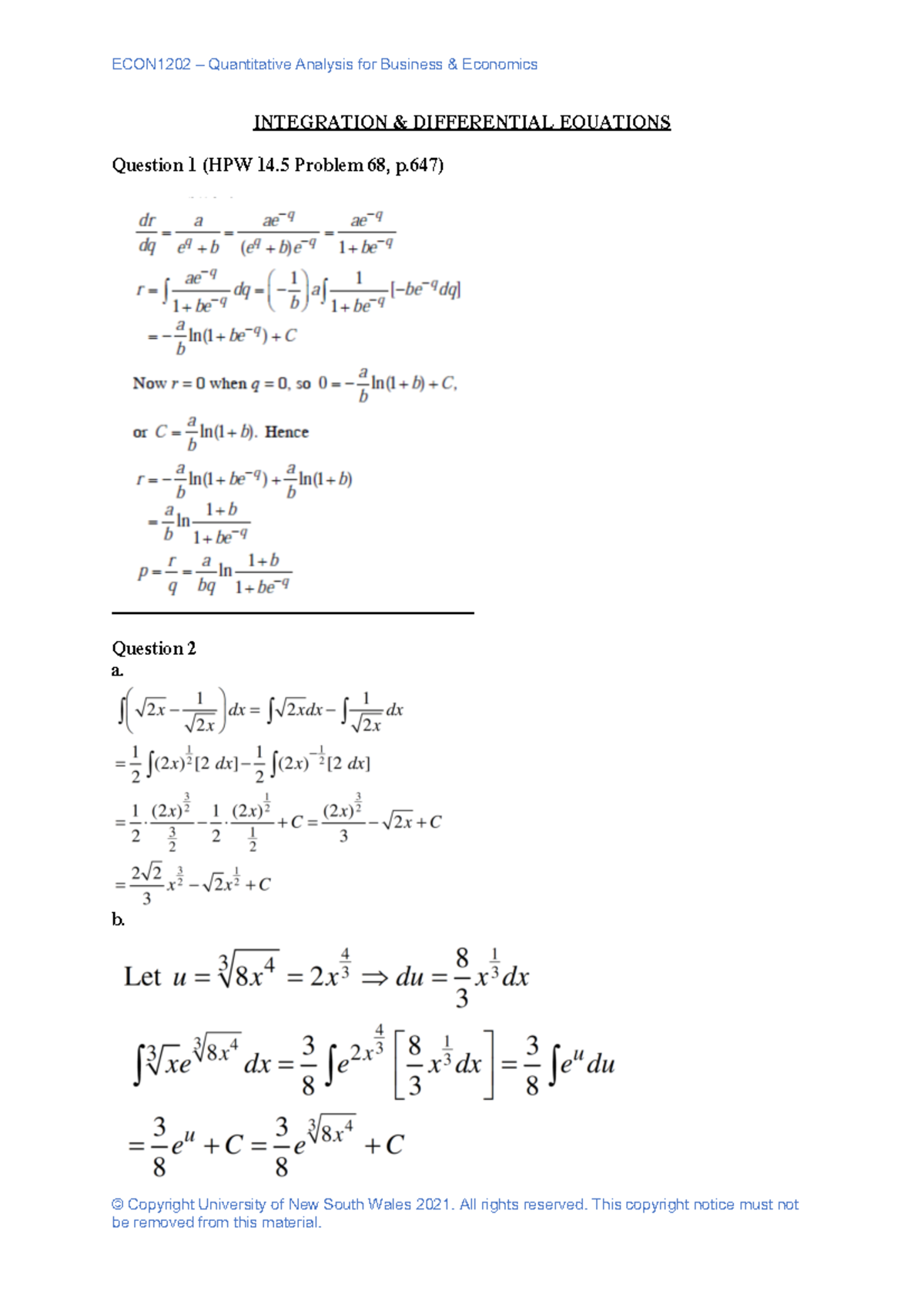 ECON1202 Integration Differential Equations Practice Questions ...