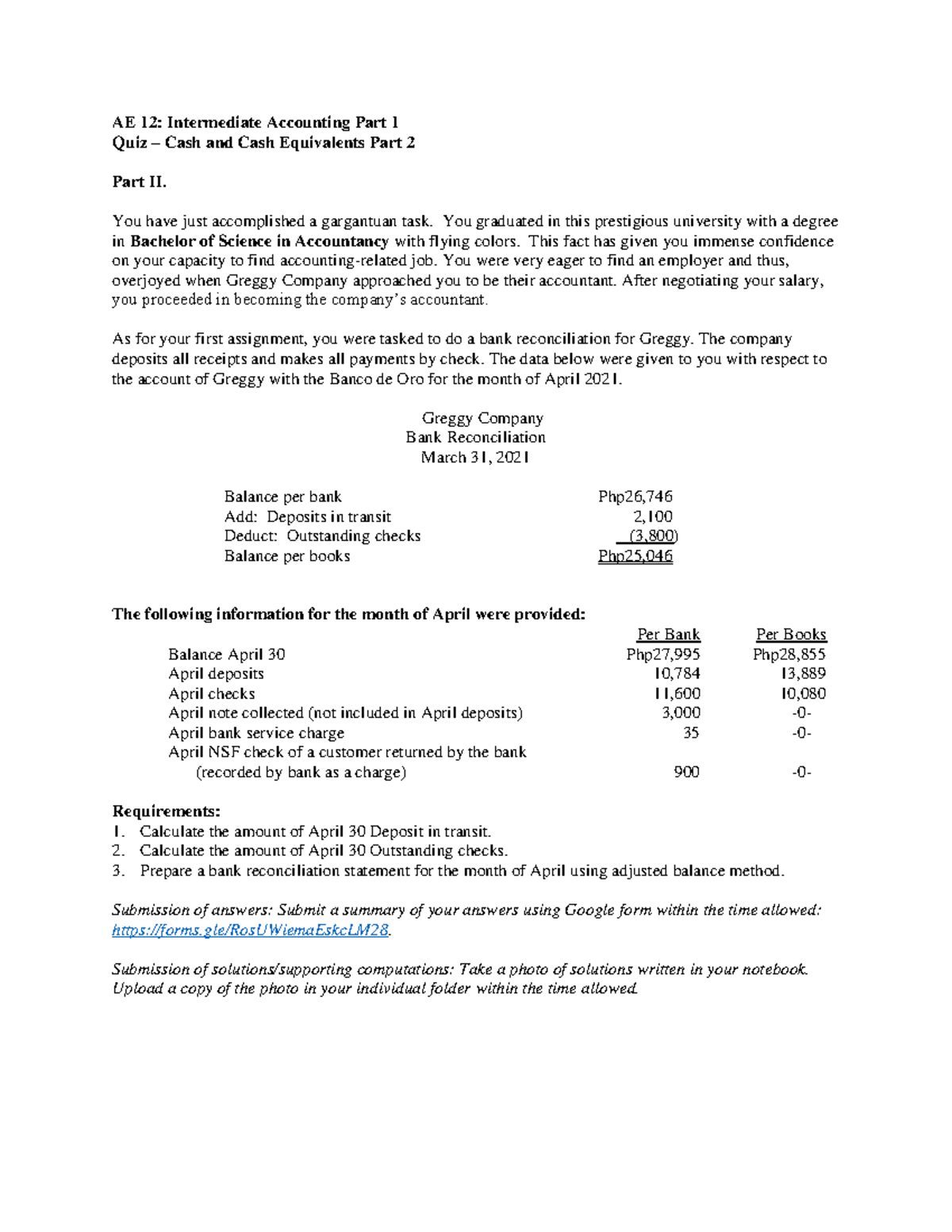Quiz Cash and Cash Equivalents Part 2 AE 12 Intermediate Accounting