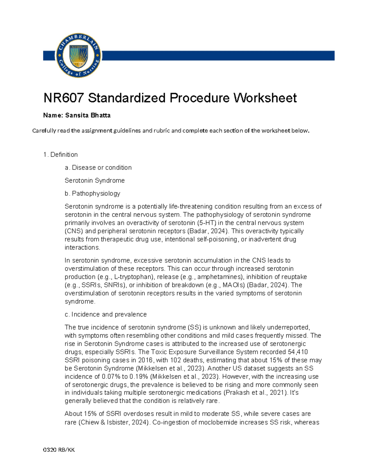 Pmhnp Standardized Procedure Worksheet(1) - NR607 Standardized ...