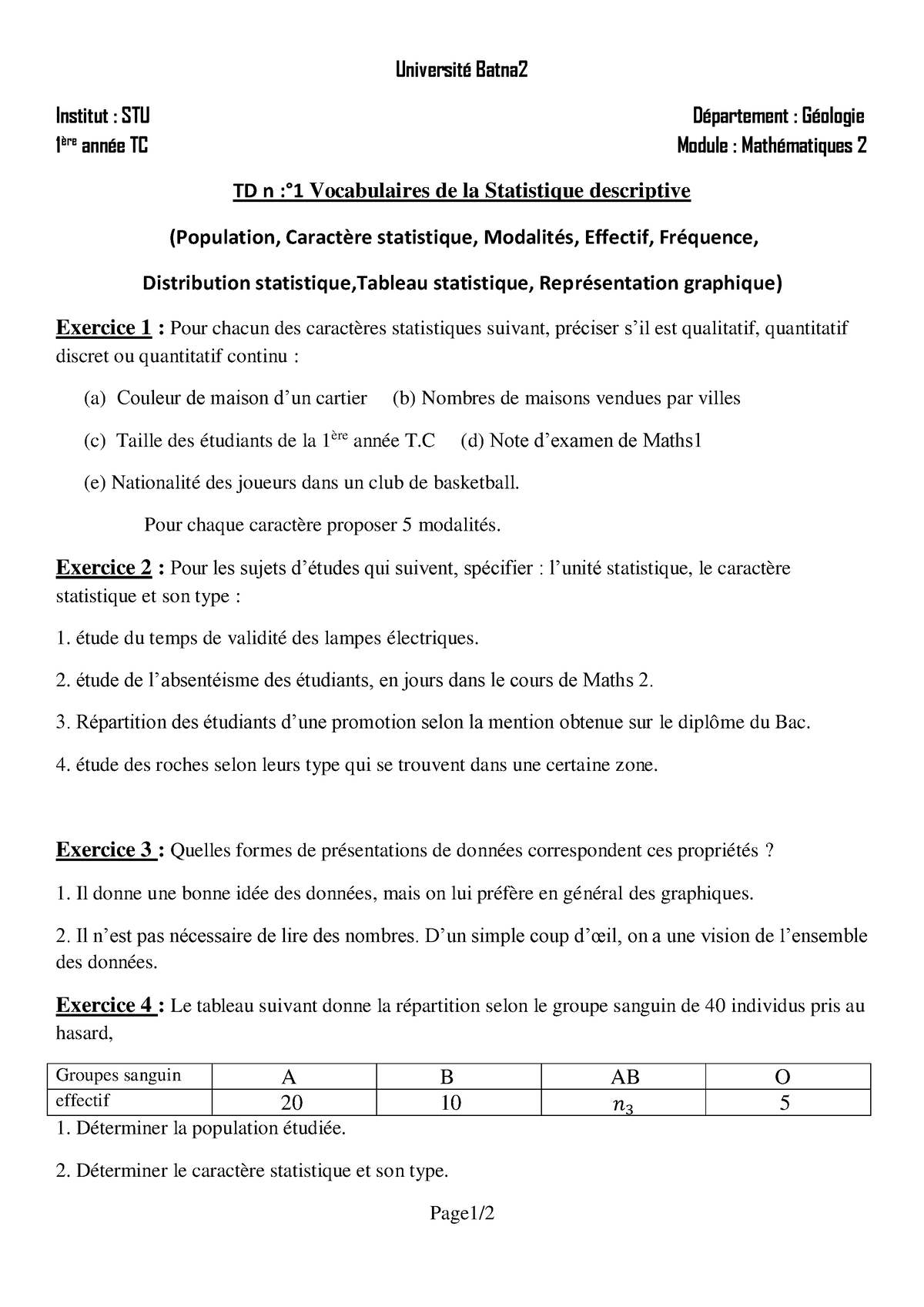 Td 1 Stat - TD N :°1 Vocabulaires De La Statistique Descriptive ...