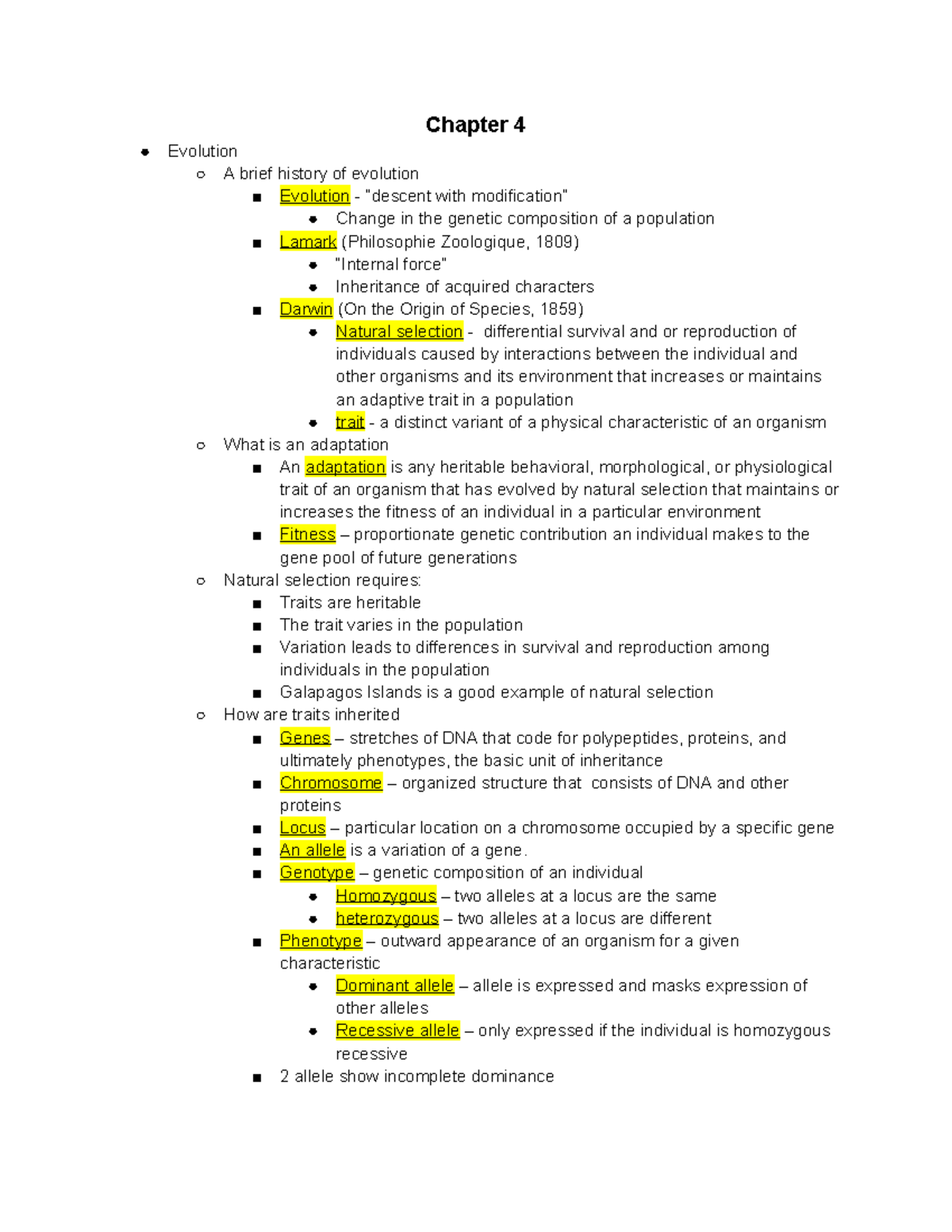 Chapter 4 - lecture notes - Chapter 4 Evolution A brief history of ...