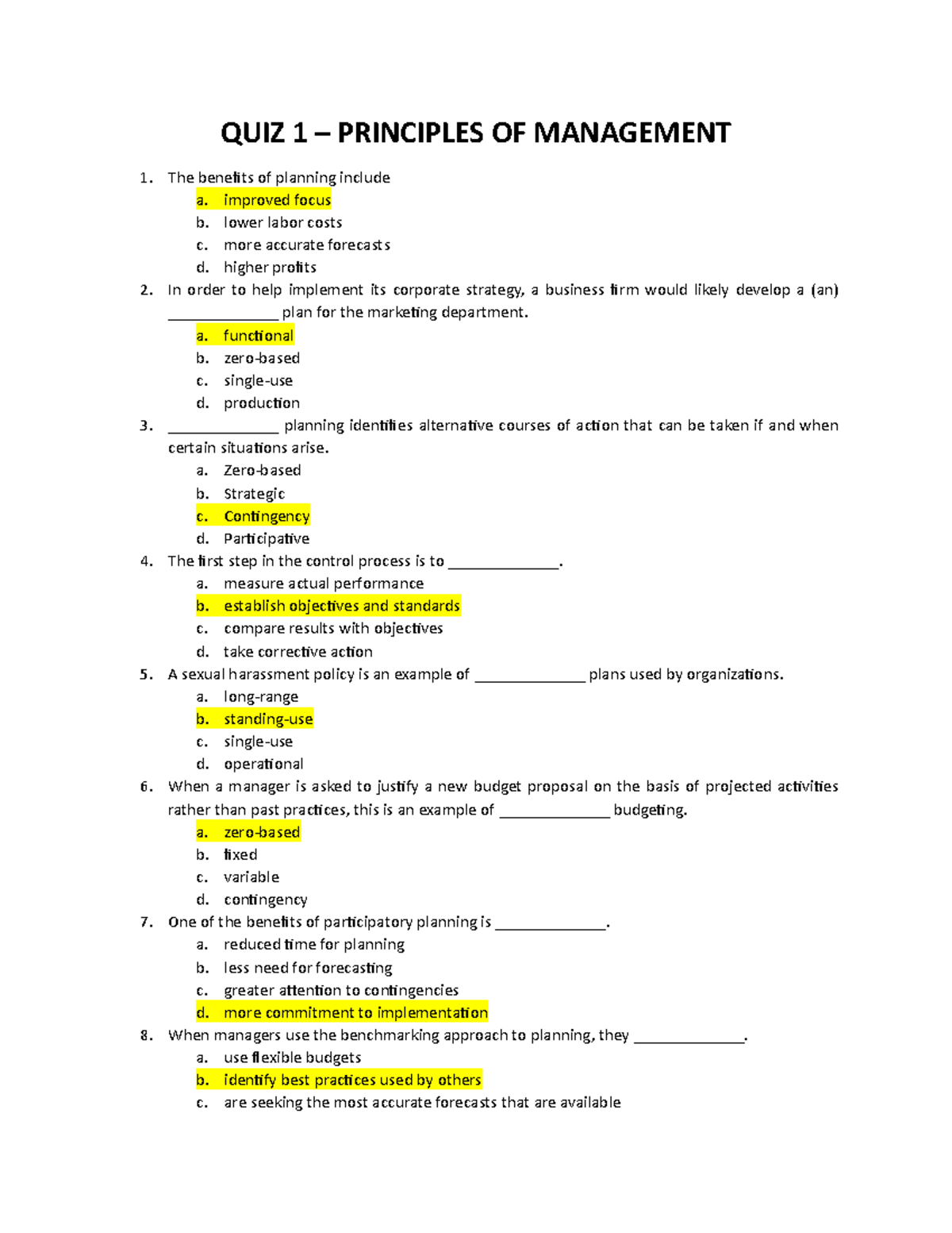 QUIZ 1 - Principles of Management - QUIZ 1 – PRINCIPLES OF MANAGEMENT ...