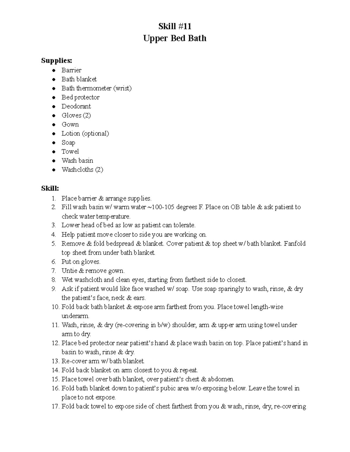 Red Cross CNA Skill 11 Upper Bed Bath Skill Upper Bed Bath