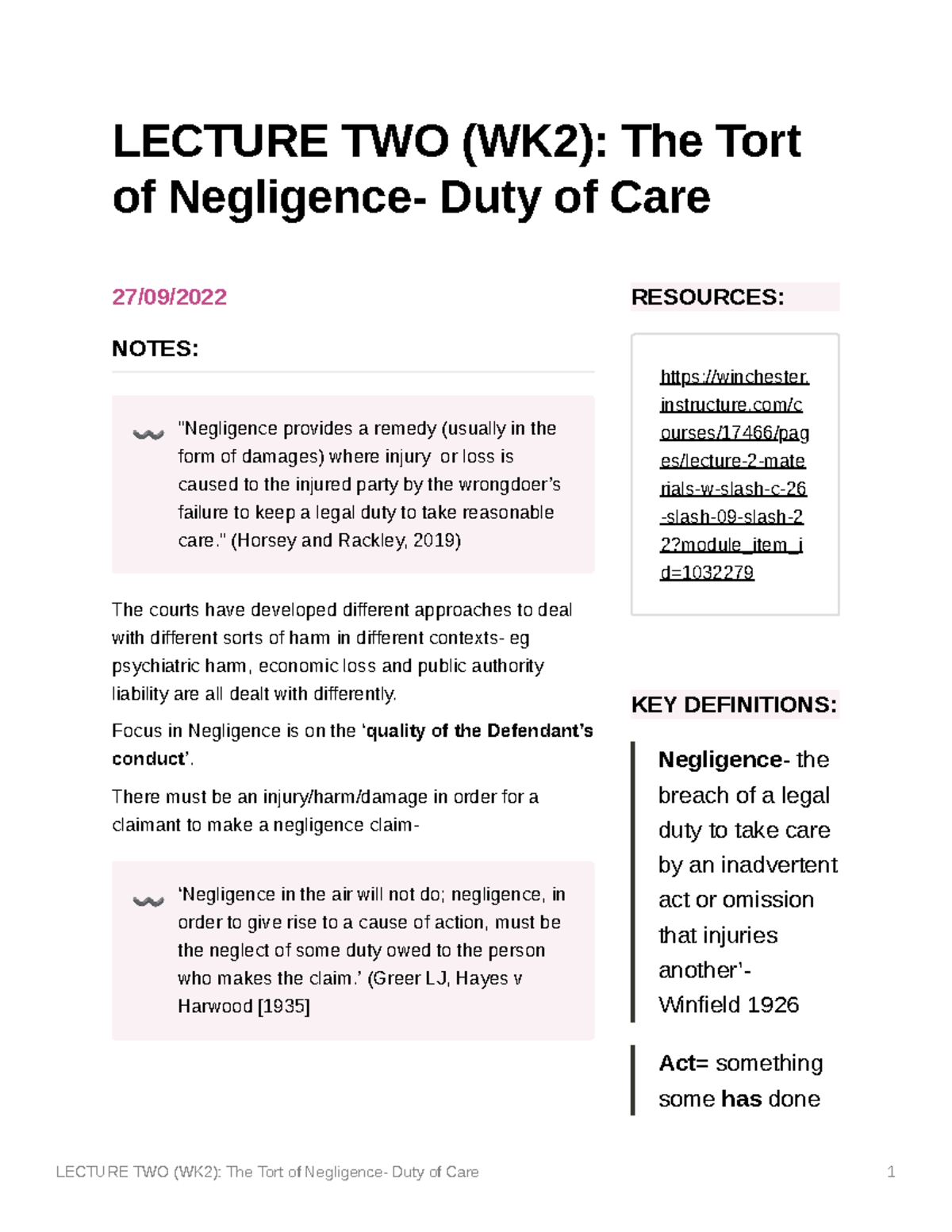 Lecture TWO: The Tort Of Negligence- Duty Of Care - LECTURE TWO (WK2 ...