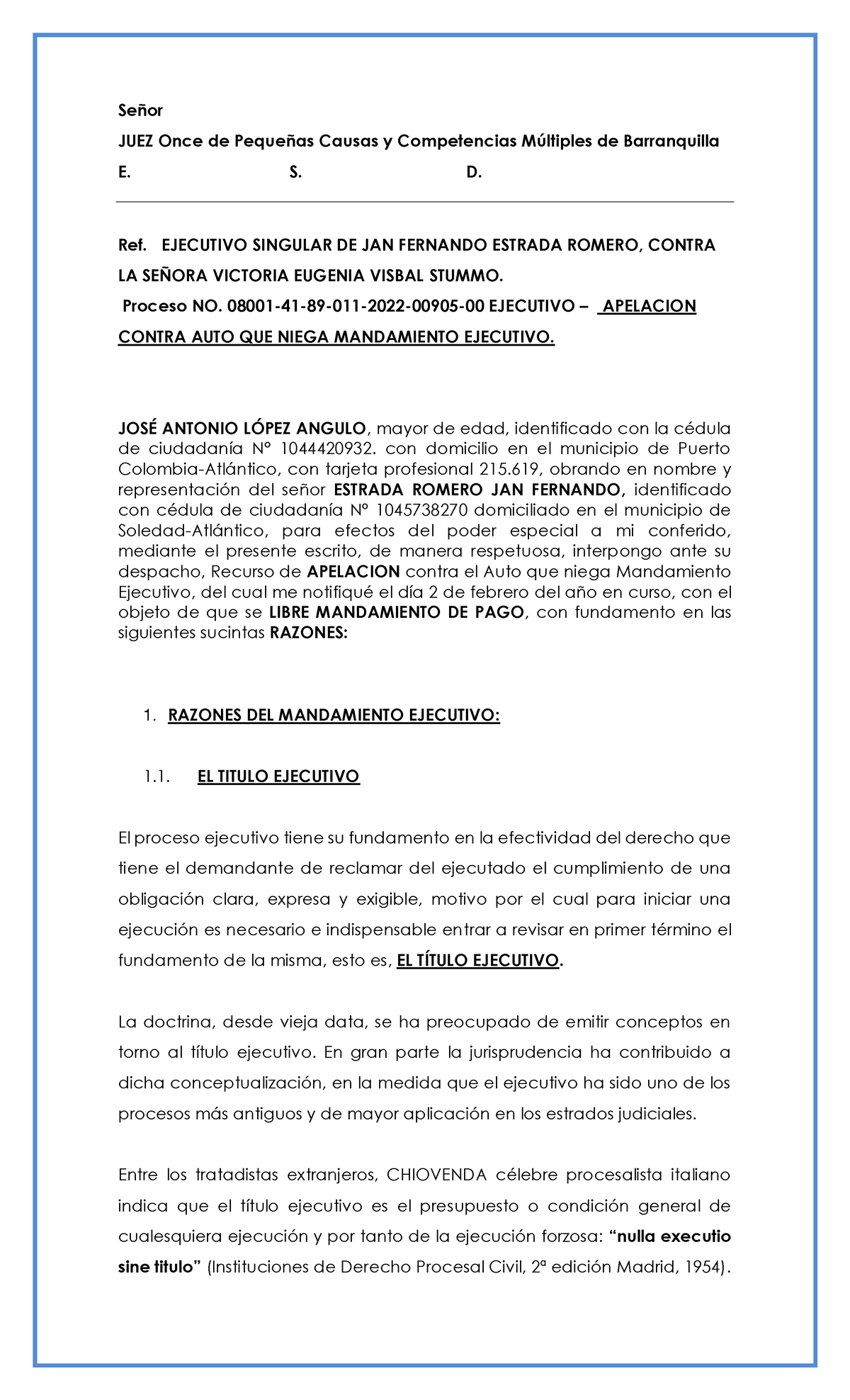 Recurso De Apelacion Contra Auto Que Niega Mandamiento De Pago Señor Juez Once De Pequeñas 2388