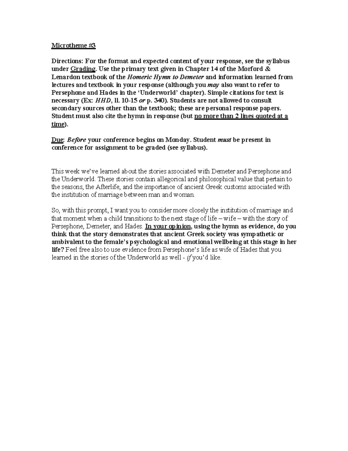 Microtheme 3 - greek myth - Microtheme # 3 Directions: For the format ...