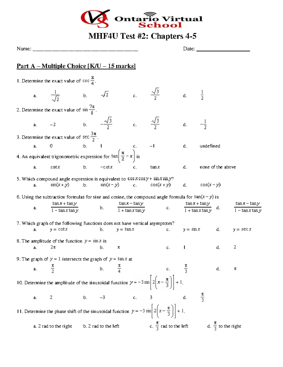 1648656875-Unit 2 Test - MHF4U Test #2: Chapters 4- Name